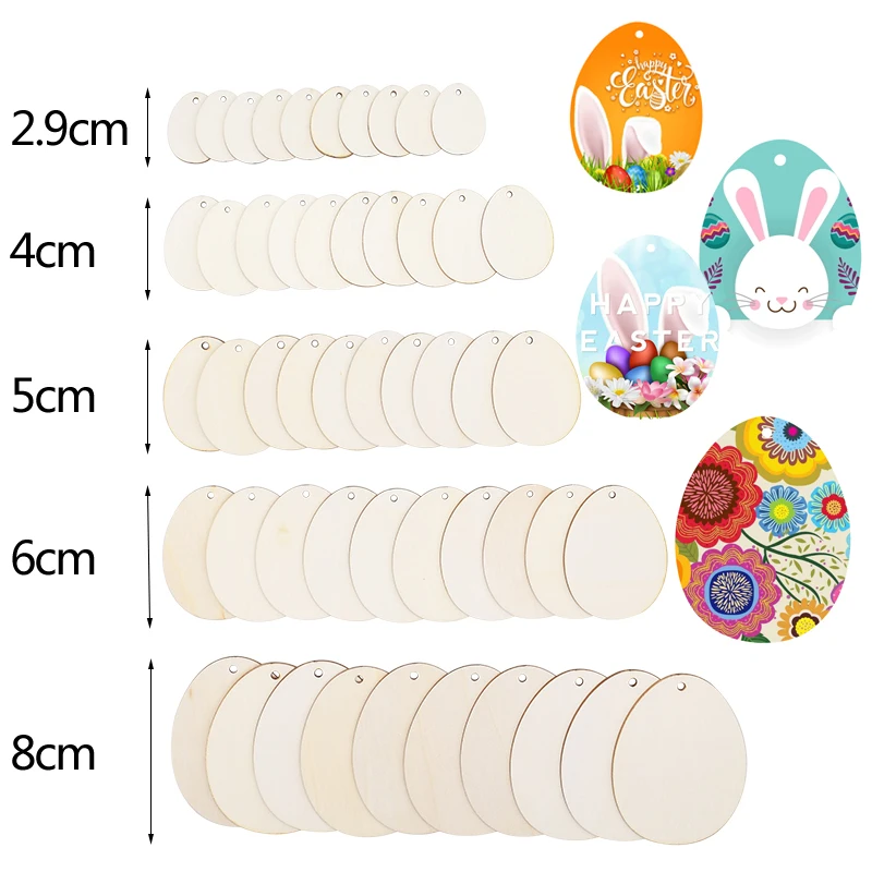 30-80mm Wooden Easter Eggs Pendants Blank Bunny Eggs Wood Chips Happy Easter Party Hanging Decoration Kids DIY Painting Crafts