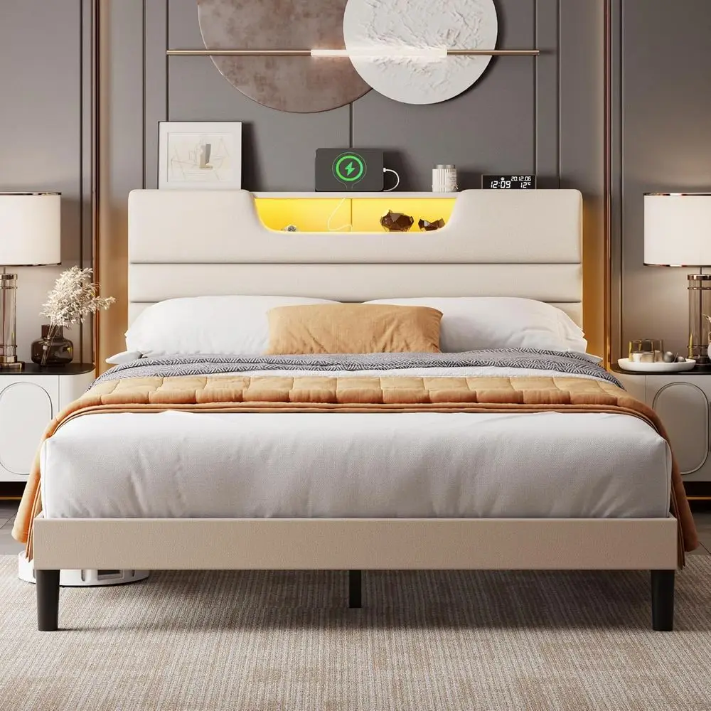

OURPIC Queen Size Bed es with Upholstered board, ern Platorm Bed with Charging Station and Led Lights, Bed e with Sturdy Wooden