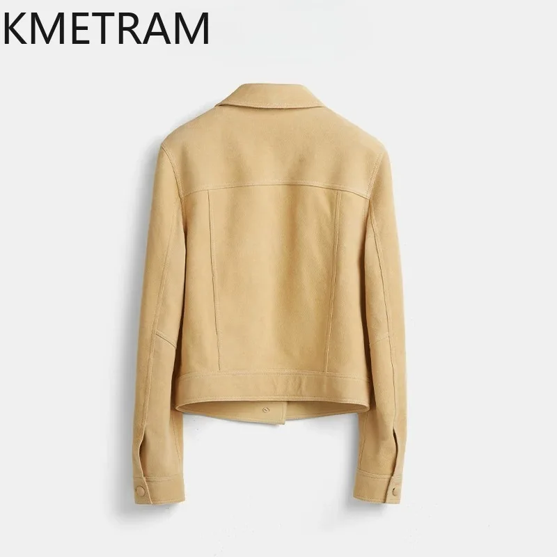 KMETRAM Crossbreed Sheep Suede Leather Coat Short Biker Genuine Leather Jacket of Woman Single-breasted Coats Jaqueta Yellow