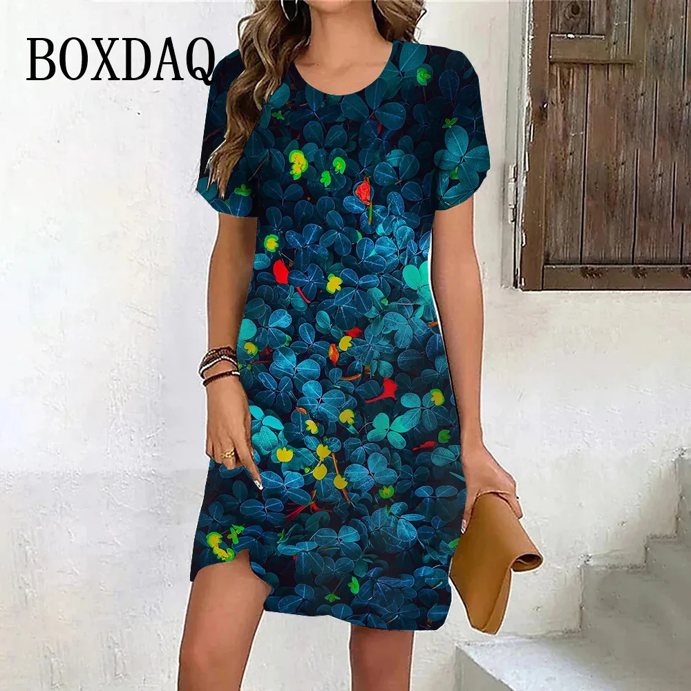 

New Spring Plant Flower Print Dress Women Clothes Vintage Short Sleeve Pullover Casual O-Neck Loose Mini Dress Sundress Vestidos