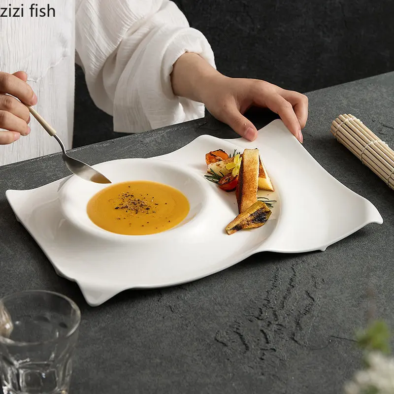 

Ceramic Dinner Plate Restaurant Irregular Thick Soup Plate Pure White Dessert Plate Snack Dish Pasta Plates Household Tableware