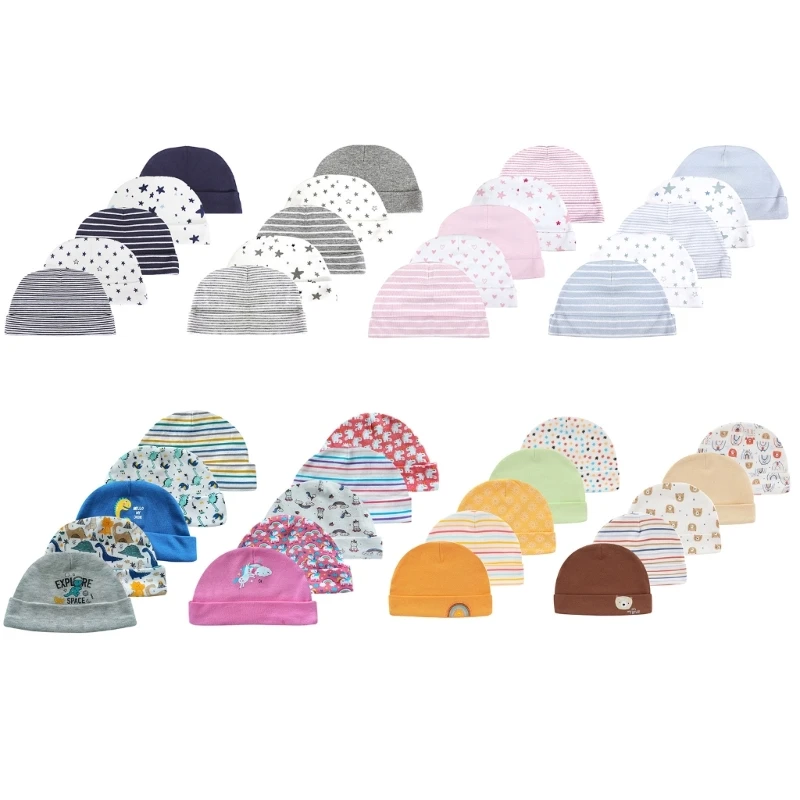 

Pack of 5pcs Baby Fetal Caps Fashionable and Cotton Newborn Hats Printed Infants Bonnet for 0-6 Months Boys Girls