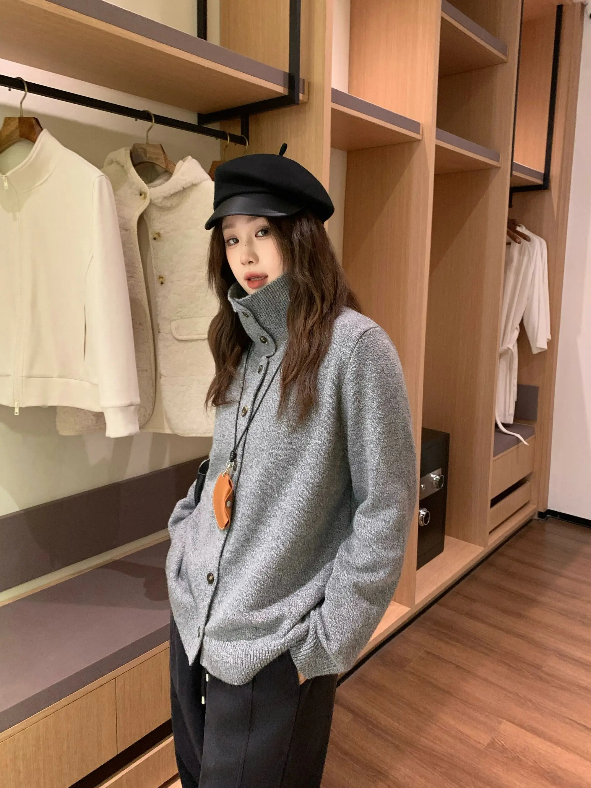 

Женский шерстяной вязаный кардиган больших размеров с высоким воротником, повседневный стиль, универсальный, свободный крой, с длинными рукавами, ветровка