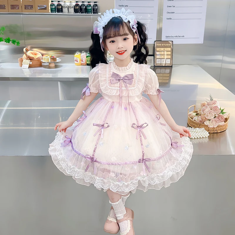 

2024 new summer fashion girl bow Lolita dress comfortable and breathable cake skirt foreign girl party princess dress costume.