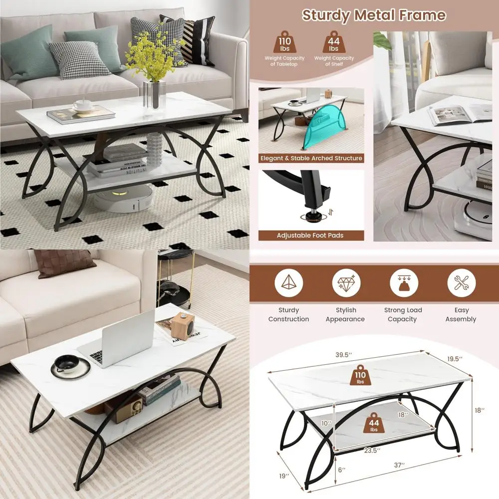 

Rectangular Faux Marble Coffee Table with Open Shelf, Black Metal Frame, Modern Center Table