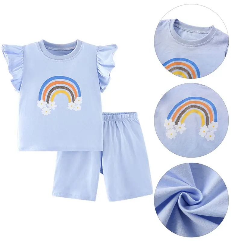 Summer Children Clothes Sets Kids Outfit Ruffle Short Sleeve T-shirt + Short Pants 2Pcs Suit Lovely Print Children Casual Costum