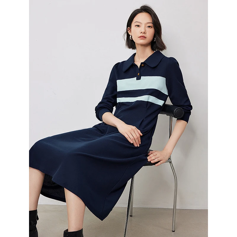 TOYOUTH Women Dress 2024 Autumn New Polo Collar Striped Contrasting Color Slim Waist Long Sleeve Knee Length Casual Dress