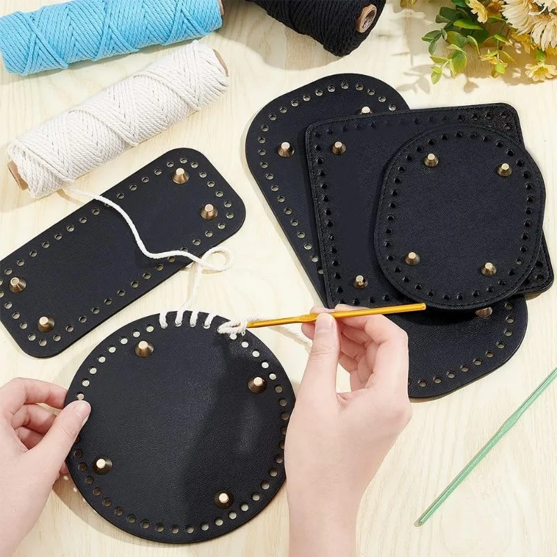 5 Style Crochet Bag Bottom PU Leather Bottom Shaper Pad Black Hand-Woven Bag Cushion Base with Holes Crochet Basket Base for DIY