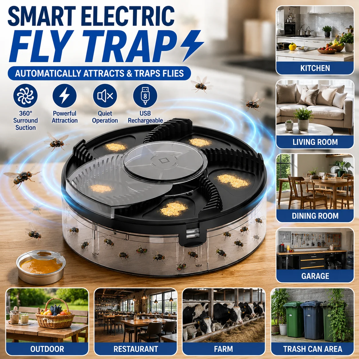 Pièges à mouches automatiques pour usage intérieur, attrape-mouches sûr et efficace avec station d'appât pour la lutte contre les nuisibles à la maison, dans la cuisine et le salon