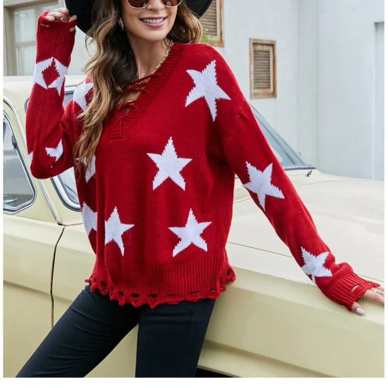 

Autumn and Winter Women's Pullover V-Neck Lace Up Solid Geometric Distressed Hole Screw Thread Long Sleeve Sweater Knit Tops