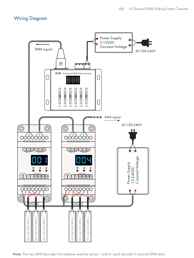 Imagem -03 - Dmx Deslizante Fader Console Mestre Canais Aj6 6ch x Bateria Aaa Controlador Dmx512 Fiação Dip-switch para Luzes Novo 5v 12v dc