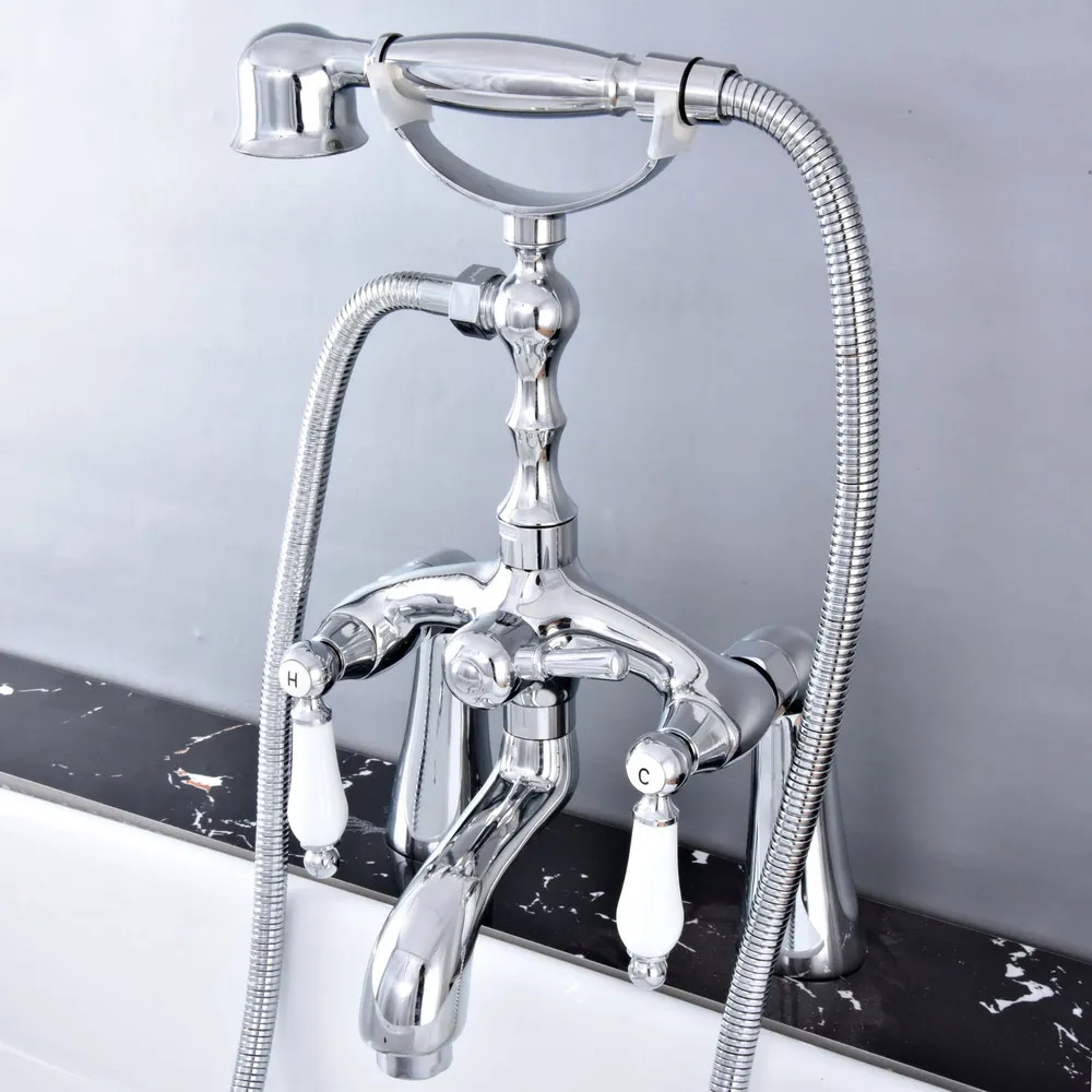 

Chrome Brass Deck Mounted Bathroom Tub Faucet Set with 1.5M Handheld Shower Spray Head Bath Mixer Tap 2tf760