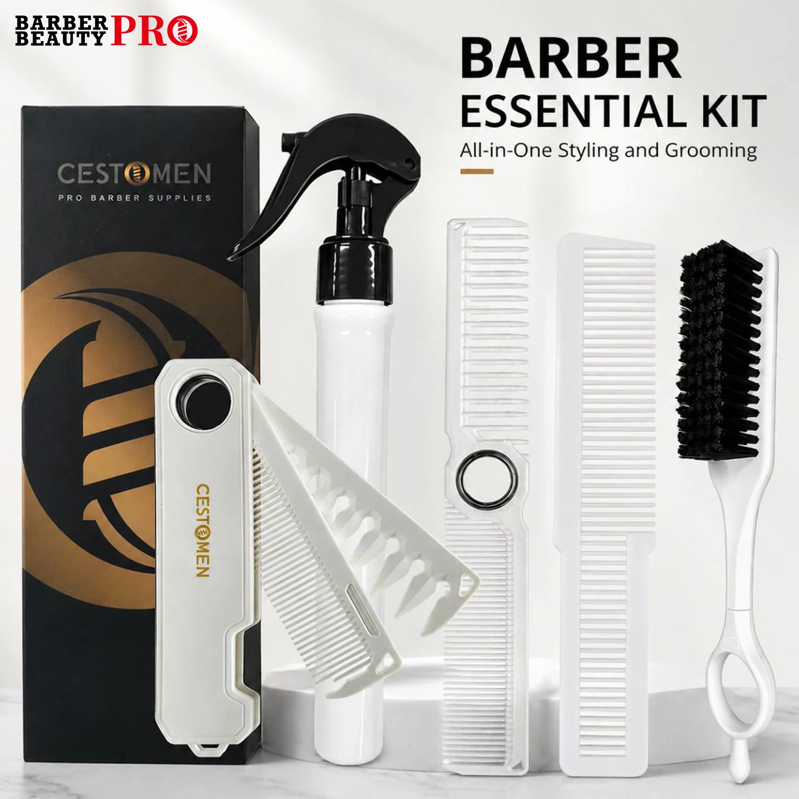 

5PCS Barber Tool Set - Spinning Comb, Folding Hair Comb, Cleaning Brush, Fine Tooth Comb & Spray Bottle for Salon Home Use