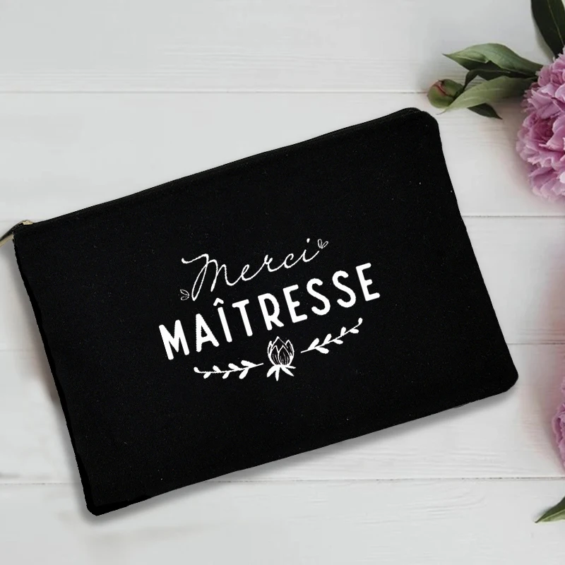 French Print Thank You Mistress Black Wristlet Clutch Bag Merci Maîtresse Teacher\'s Storage Bag Travel Wash Pouch Teacher Gifts