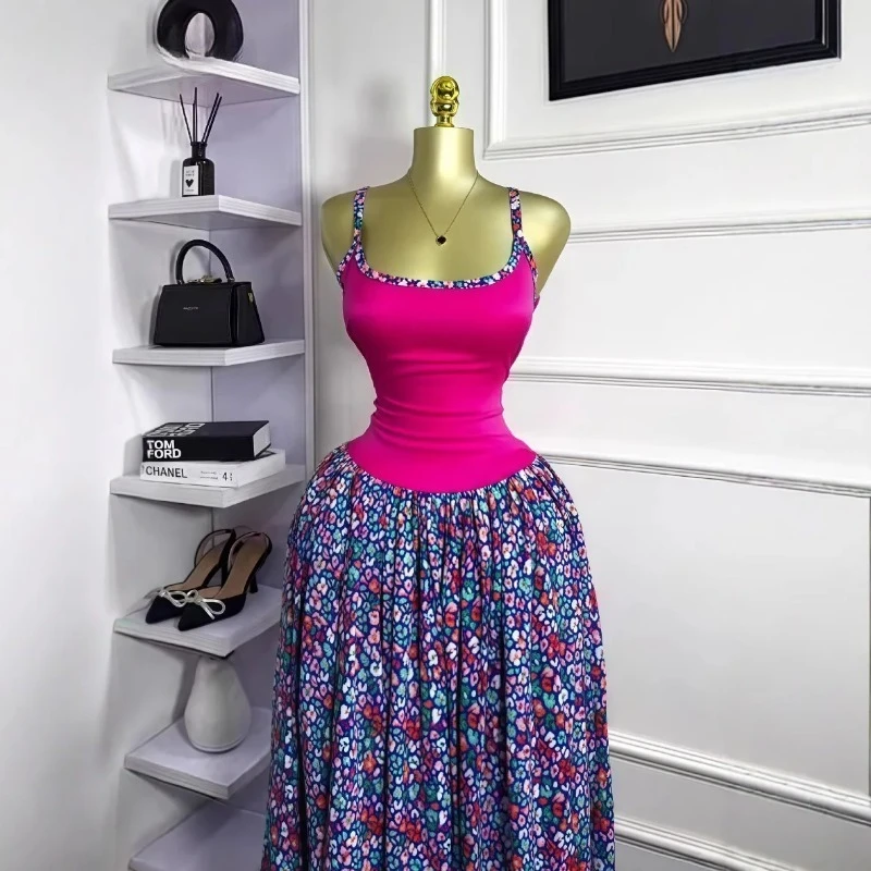 Damska Sukienka Maxi na Ramiączkach z Kwiatowym Nadrukiem i Łączonymi Wstawkami, Długa Sukienka na Lato 2025, Plażowa, Urodzinowa, Seksowna, Klubowa, Wieczorowa