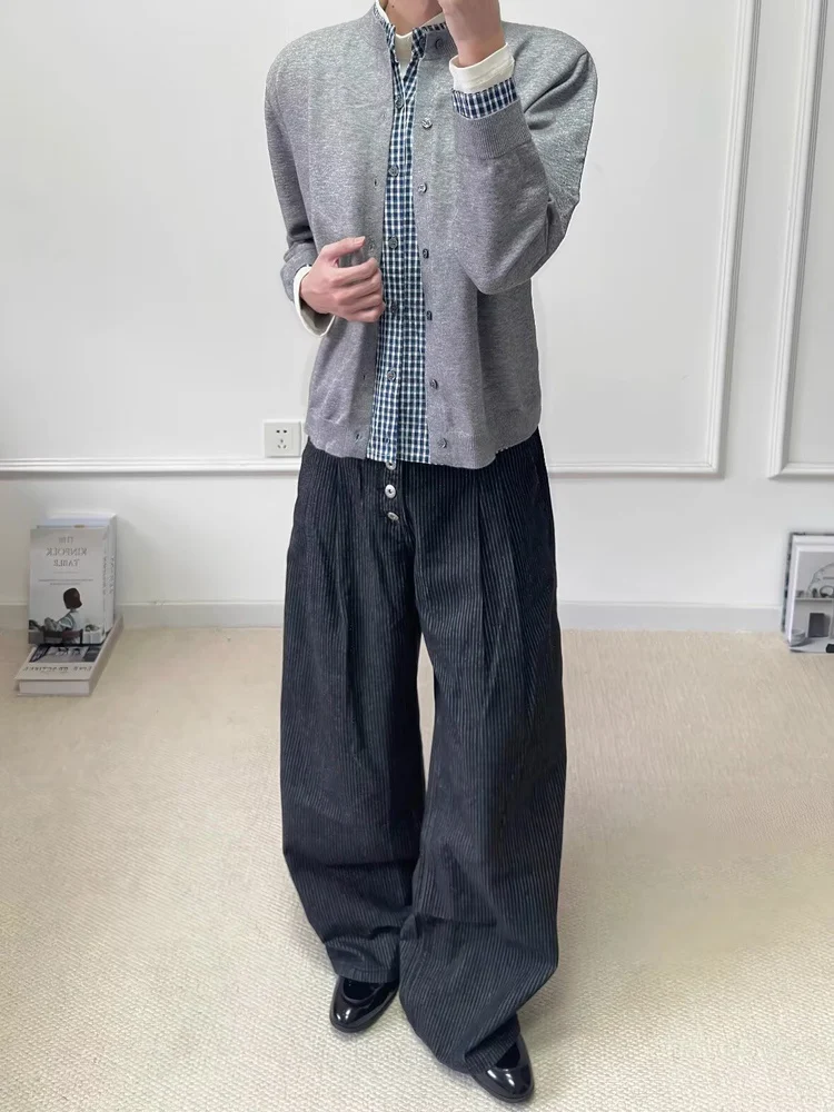 

Ele Vintage Five-Button A-Line Wide-Leg Denim Pants Striped Cleanfit Distinguied Trousers for Men Casual Commute Wear