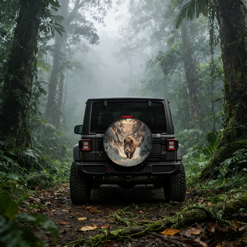Winter Forest Wild Boar Pattern Polyester Fiber Car Tire Cover, Protecting Spare Tire From Wear, Fit For Various Car Tire Covers