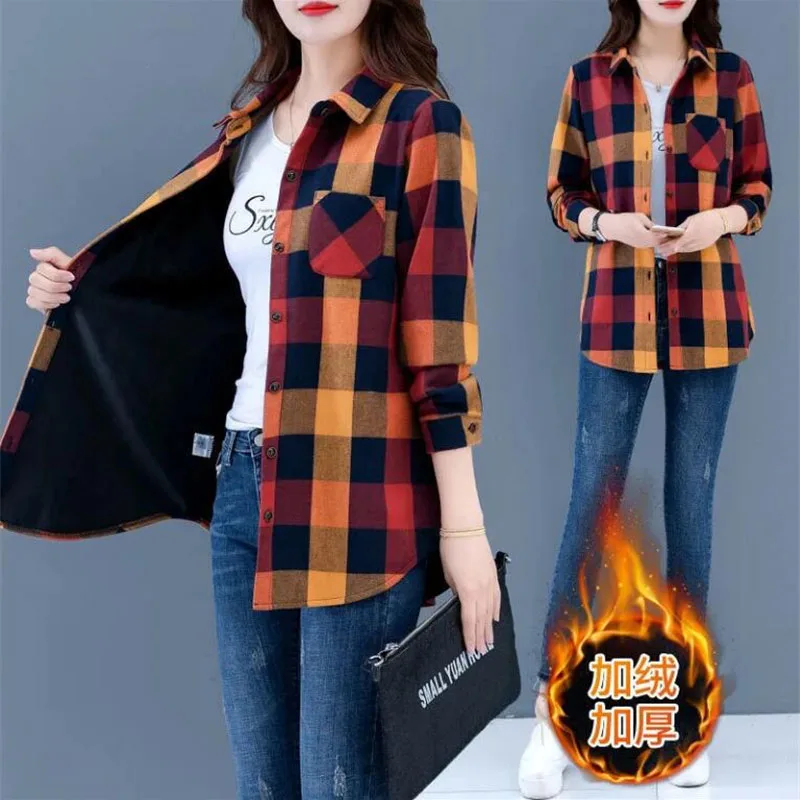 Add Velvet Thicken Cotton Plaid Shirt Blouse 2023 Spring Autumn Winter New Korean Version Retro Casual Shirts Jacket Female Tops