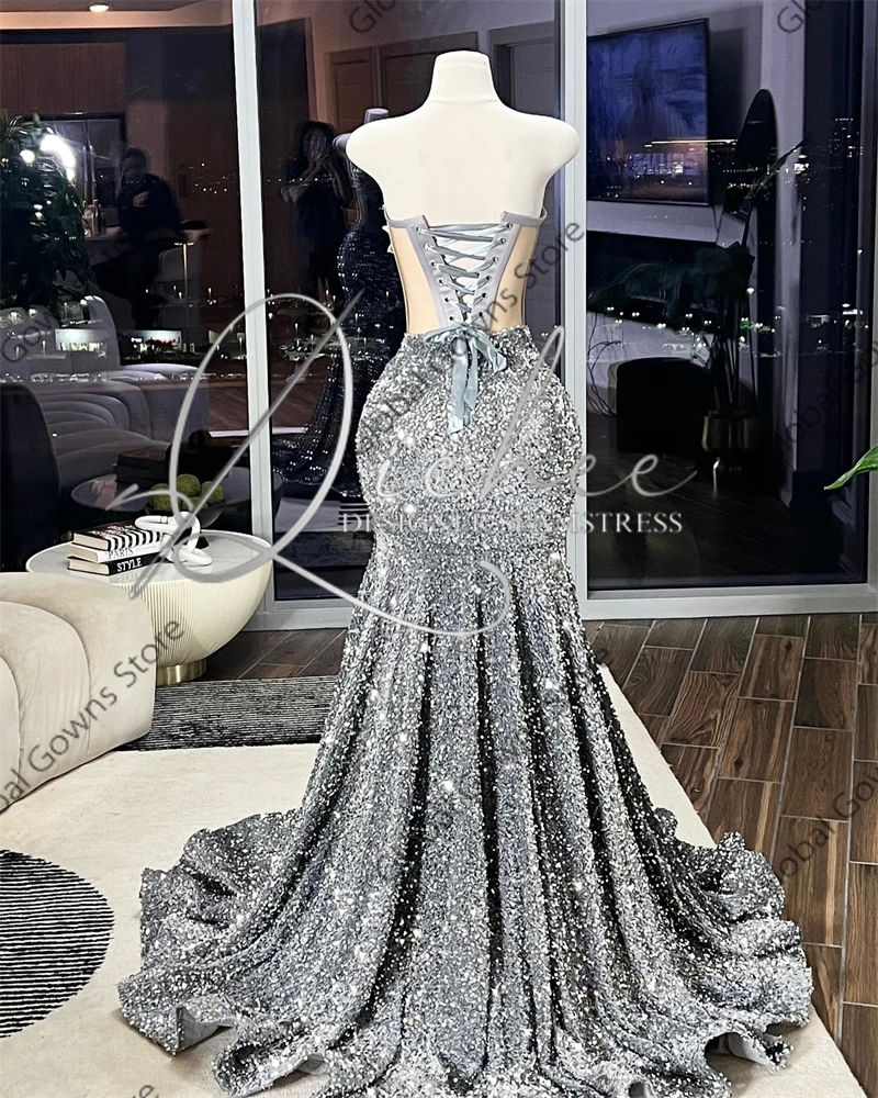 Sparkly Silver Sequin Prom Dresses Long Bead Crystal Strapless 2024 Birthday Luxury Dress Black Girls Evening Gown Customized