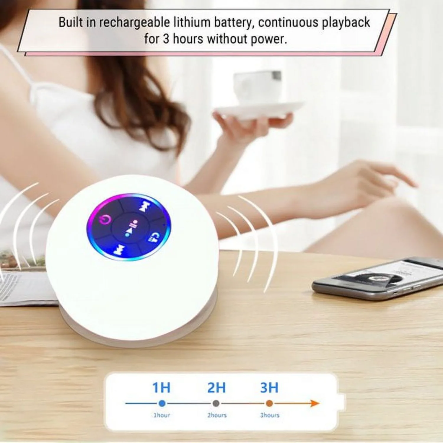 Shower Speaker With Color Light Handsfree Speakerphone With Built-in Mic Dedicated Suction Cup For Showers Bluetooth 5.0 IPX4 Wa