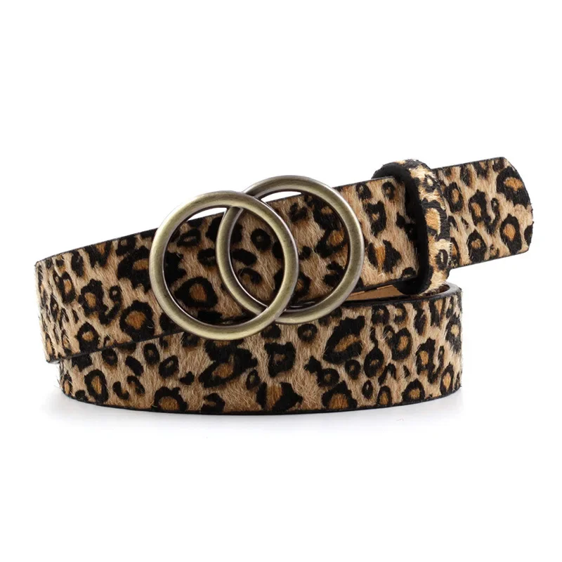 Cinturón de piel con diseño de serpiente y cebra para mujer, cinturón de leopardo con hebilla circular de doble anillo, a la moda, para Vestido vaquero, salvaje, 2024