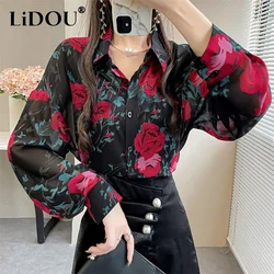 Chemise à imprimé floral à col rabattu pour femmes, cardigans à manches longues lanterne pour dames, haut décontracté, chemisier à la mode, printemps, été, nouveau