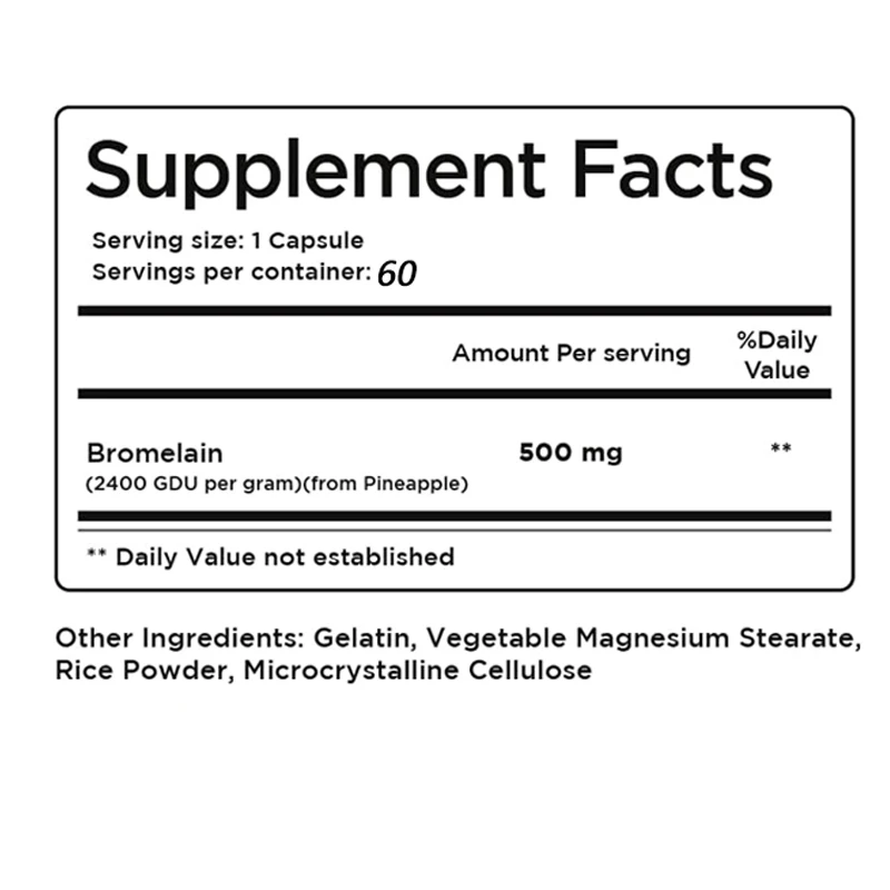 Proteasa de piña 500 mg, 60 cápsulas - Enzima digestiva de extracto de piña - Apoyo a la digestión y el suplemento de apoyo de las articulaciones