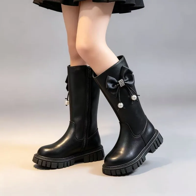 Girls Knee High Boots Princess Bowknot Rhinestone Kids Long Boots Non-Slip Soft Fashion Shoes 3-18 Years Old Children's Boots