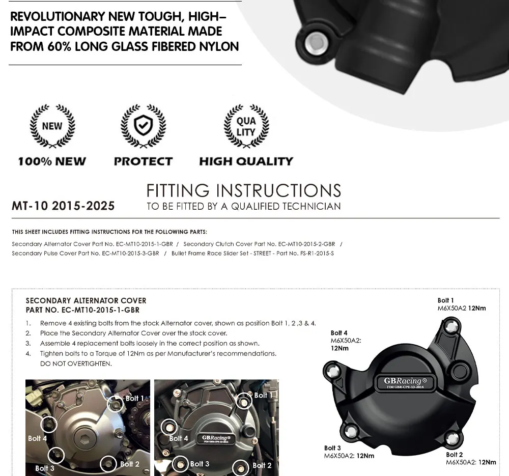 ชุดฝาครอบเครื่องยนต์ GBRacing สำหรับ YAMAHA MT-10 ปี 2015-2025 ฝาครอบเพลาข้อเหวี่ยง ฝาครอบคลัตช์ ฝาครอบไดชาร์จ อุปกรณ์ตกแต่งรถจักรยานยนต์
