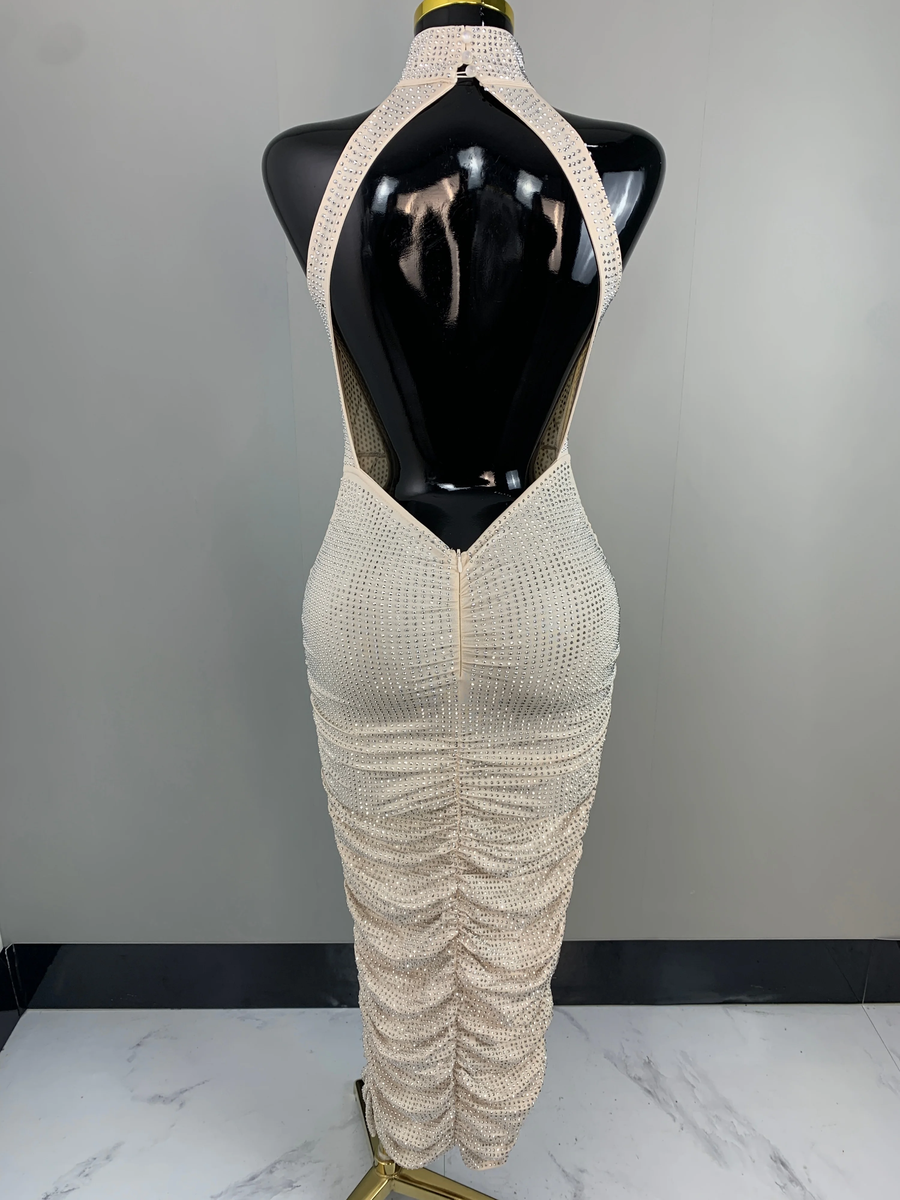 Women Sexy Halter Backless Diamonds Shirring Long Bodycon Gowns Dress 2024 Celebrity Luxury Elegant Evening Club Party Dress