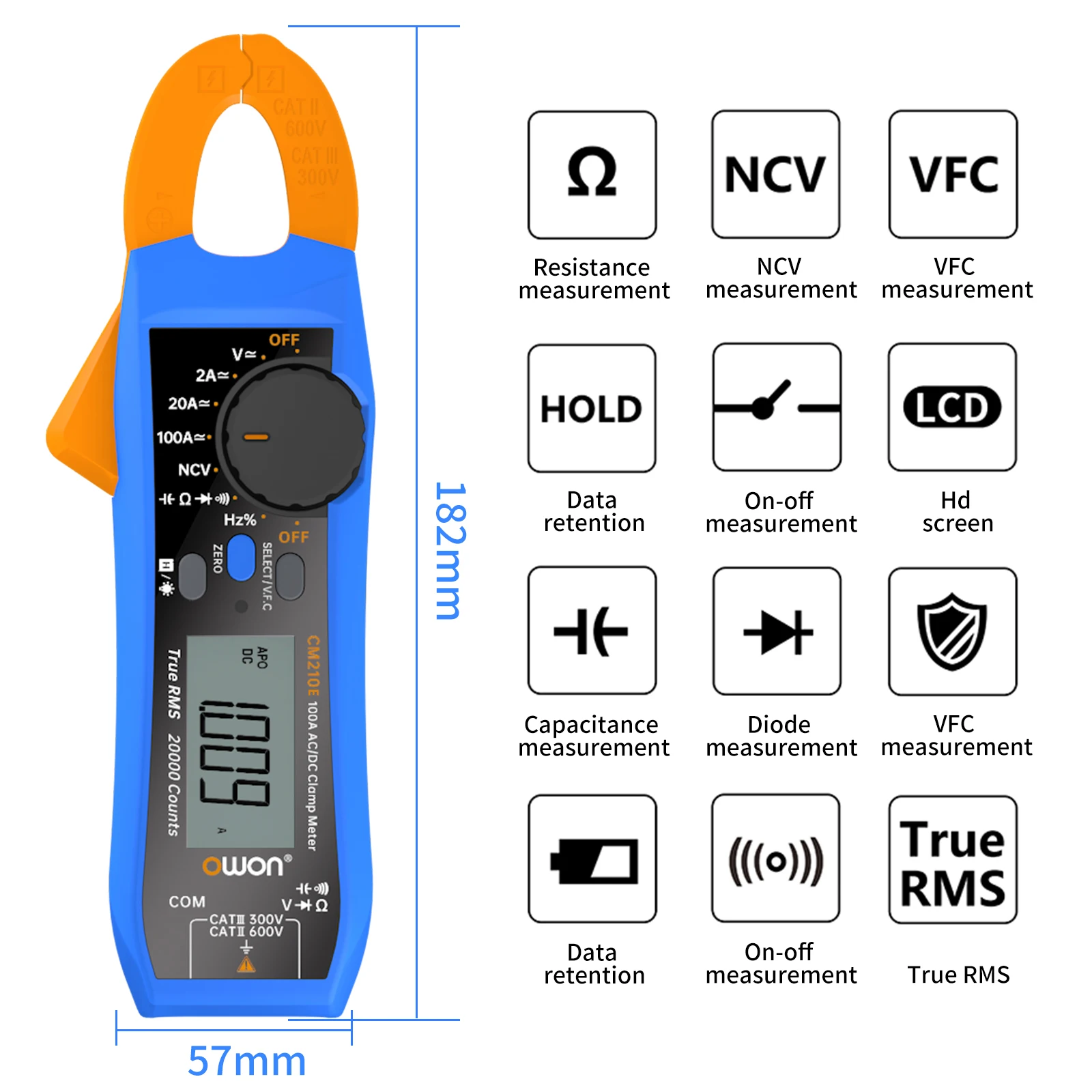 OWON CM210E Digital Clamp Meter 100Amp Smart Electrical Tester 600V AC/DC True RMS VFC diode Multimeter