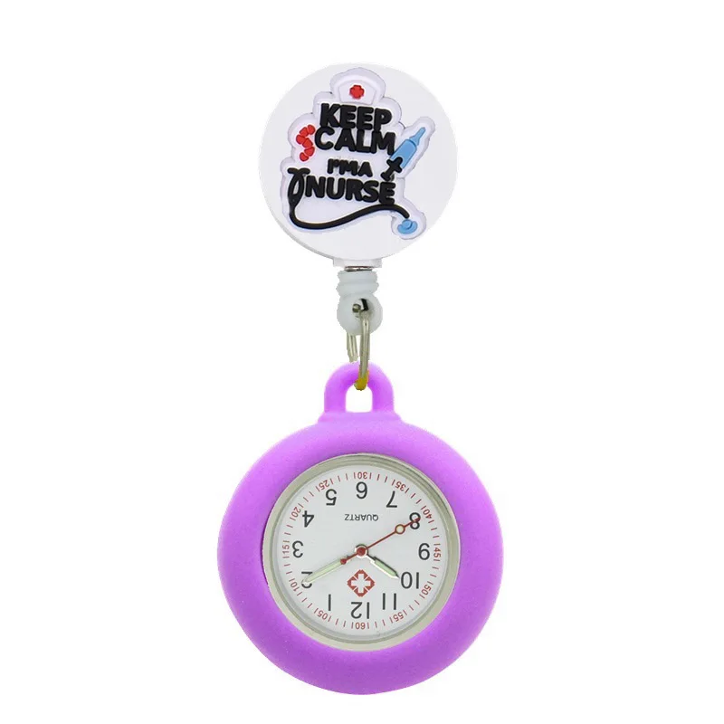 YiJia Keep Calm Word Nurse Pocket Watch Retractable Badge Reel Medical Cute Reloj with Silicone Case