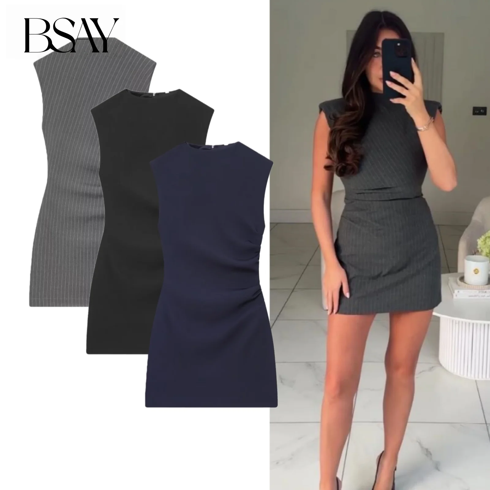 BSAY gestreiftes kurzes Kleid für Damen, modisch, Herbst, neue Weste mit Reißverschluss hinten, Kleider, Geburtstagsfeier, französische schicke weibliche Abendkleidung