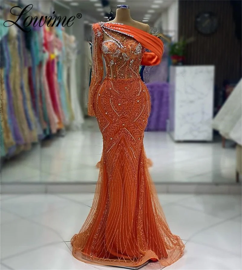 Robe De Soirée Orange One Shoulder Party Dresses For Weddings Tassel Crystals Shiny Sequined Evening Gown Arabic Celebrity Prom