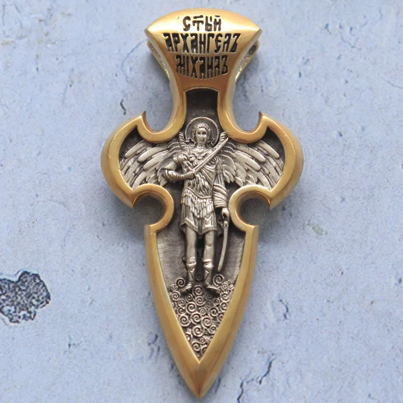 26g Long Big Orthodox Jesus Christ Crucifix Cross Archangel Michael Gold Pendant Customized 925 Solid Sterling Silver