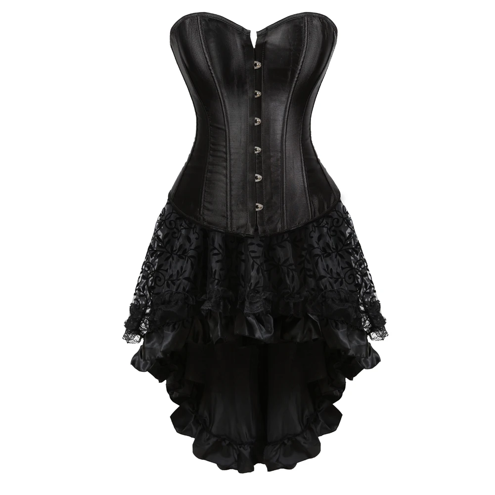 Gotico Sexy raso Overbust corsetto Bustier Lingerie Top e gonna asimmetrica in pizzo floreale Plus Size donna Vintage corsetto Dress