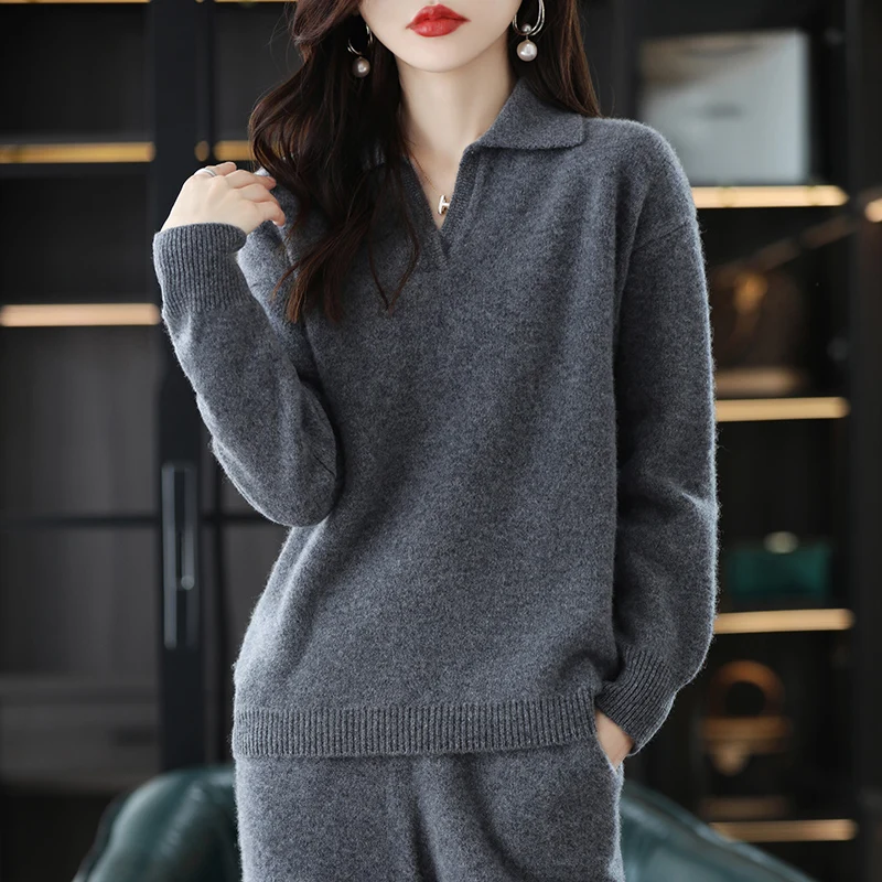 2024 High end Autumn/Winter 100% Pure Wool Knitted Set Women\'s Two piece Set Sweater POLO Collar Cashmere Casual Wide Leg Pants