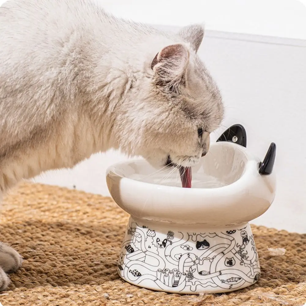 

Cute Ceramic Cat Bowl Large Capacity Non-slip Dog Food Feeding Basin Anti Overturning with Cat Ear Spoon Pet High Foot Bowl