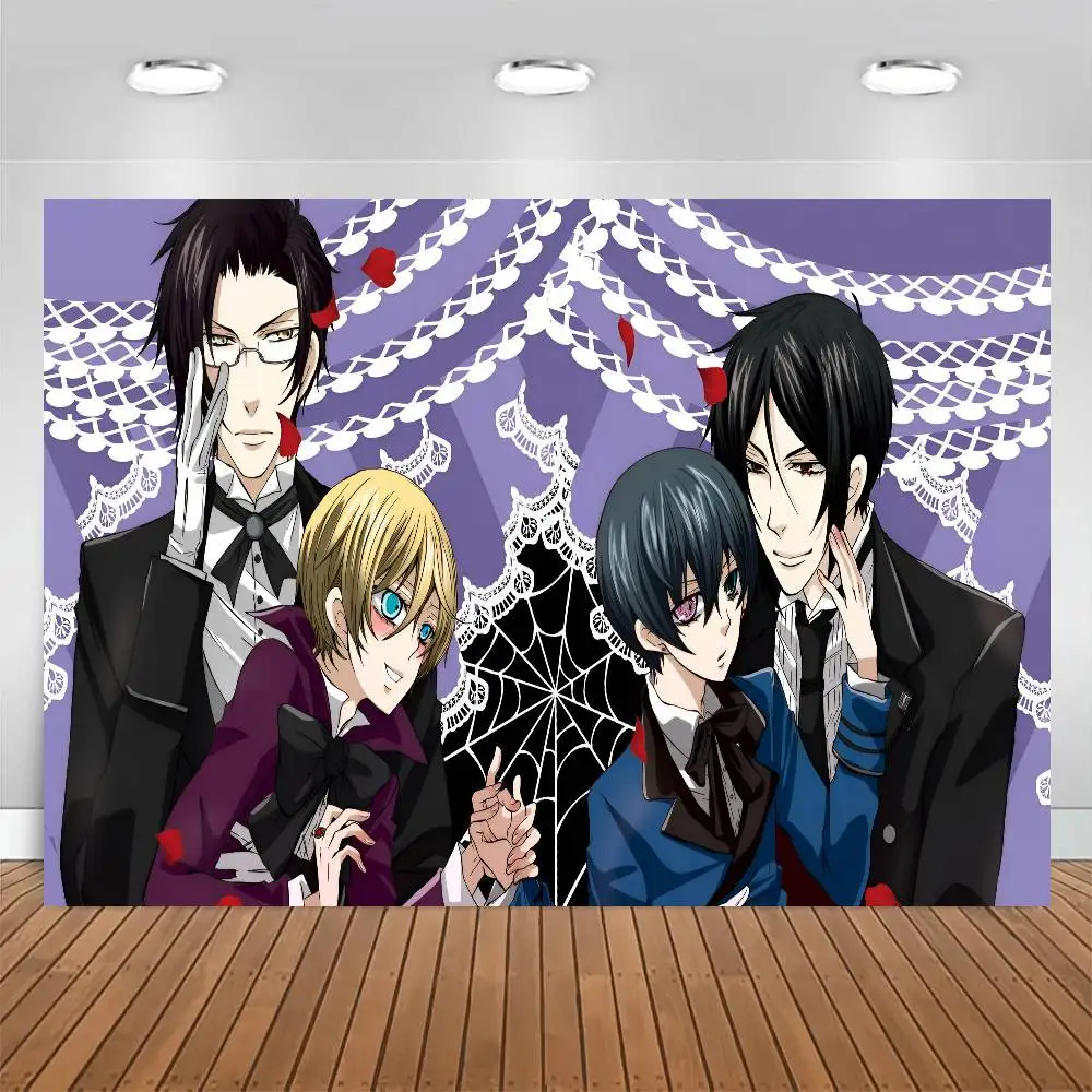 أنيمي الأسود بتلر الديكور خلفية غرفة الطرف الديكور خلفية القماش الأطفال عيد ميلاد راية التصوير الدعائم