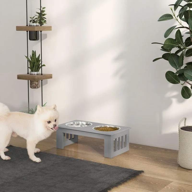 Station d'alimentation pour animaux de compagnie avec base antidérapante, support pour gamelle de nourriture pour chien, capacité de 0,9 L par gamelle, gris, support surélevé pour nourriture sèche ou humide