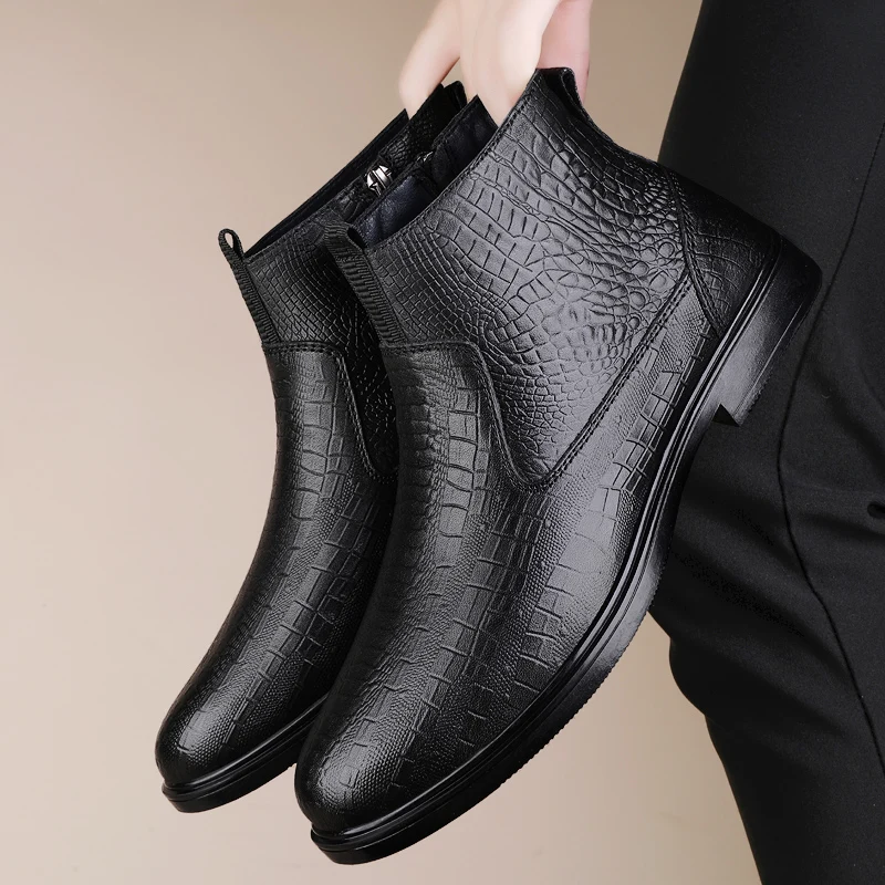 Autumn/Winter New Style Classic Black Zipper Men Ankle Boots Business Boots Crocodile Pattern Comfortable Inner Men Mid Top Boot