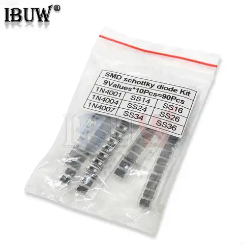 90PCS/lot 1N4001 1N4004 1N4007 SS14 SS24 SS34 SS16 SS26 SS36 SMD schottky diode assort kit 9values x 10pcs