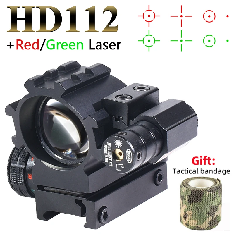 Hunting HD112 Red Dot Sight Optics Reflex Holographic 4 Reticle Red/Green Scope Collimator with Laser Fit Tactics Pistol Airsoft