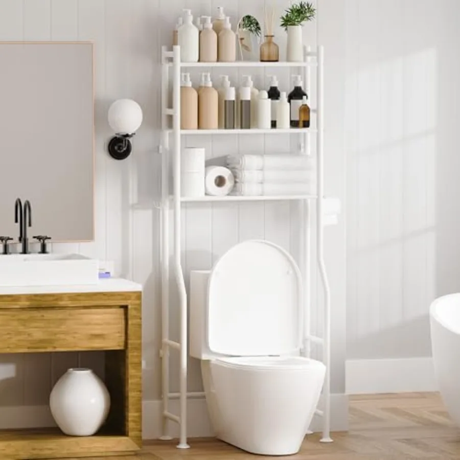 

3-Tier Over The Toilet Storage Space Saver Metal Bathroom Shelves Freestanding Above Over Toilet Storage Shelf with 4 Hooks for