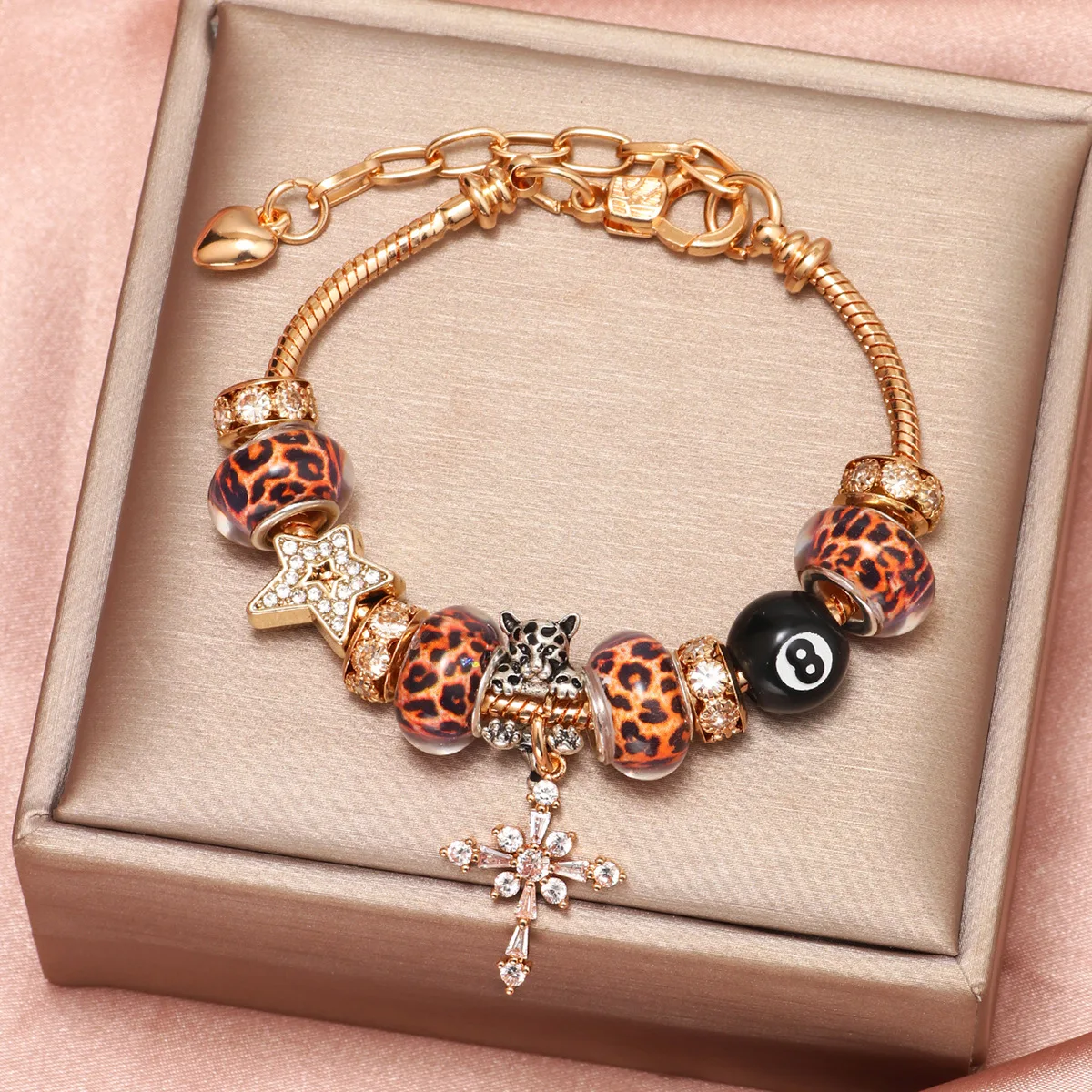 

1pc Women's Adjustable Bracelet Set With Pool Ball, Star, Cross Charms, Leopard Print & Time Charms,Suitable For Woman Daily