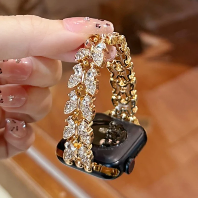 Women Sparkling Rhinestone Butterfly Watch Band for Apple Watch S11 10 9 8 7 6 Ultra2 Elegant Metal Jewelry Bracelet Strap 44mm
