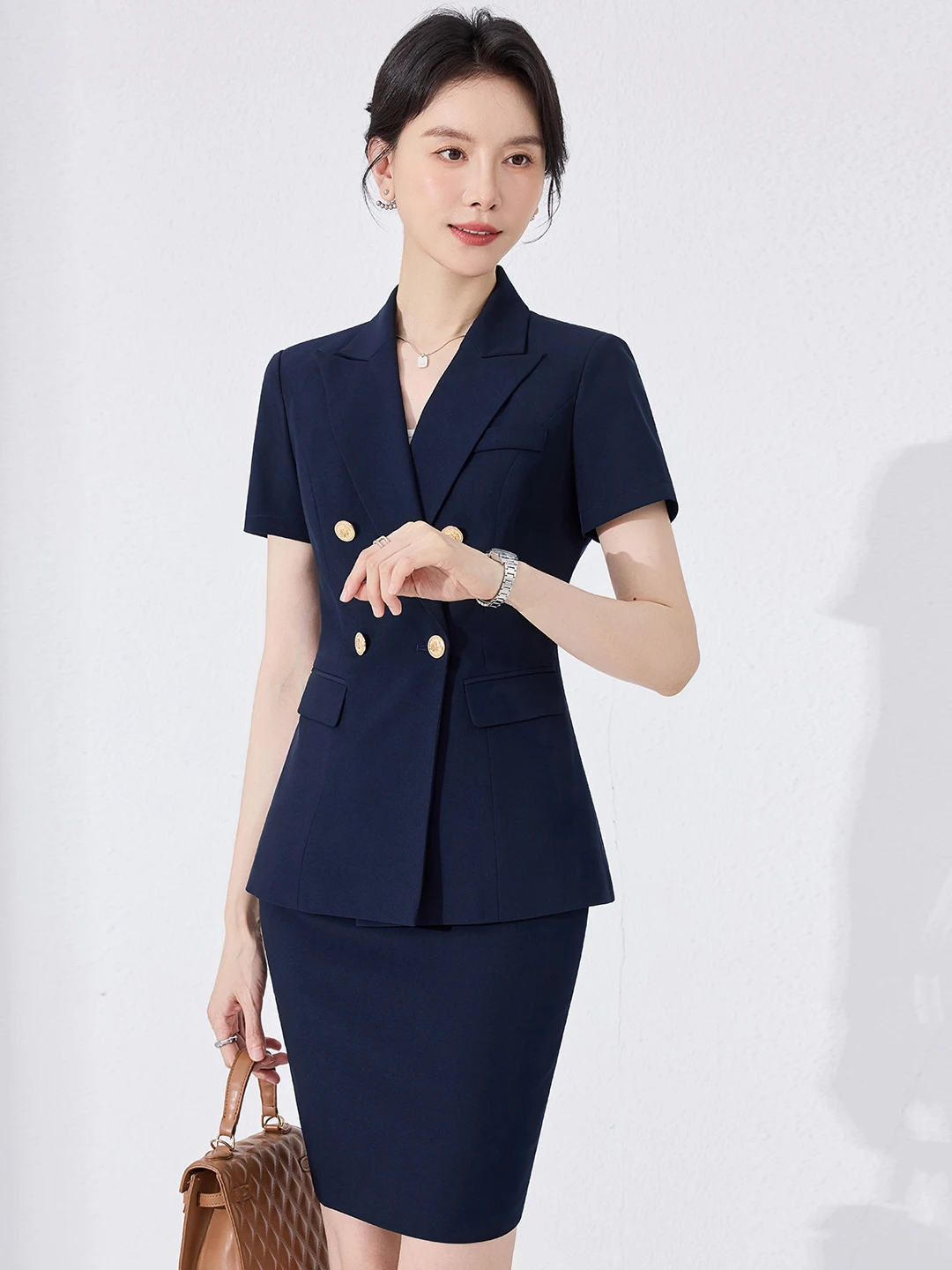 Gray Short Sleeve Professional Suit Women's Business Commute Style Bank Interview Workwear Slim Fit Suit Set Polyester