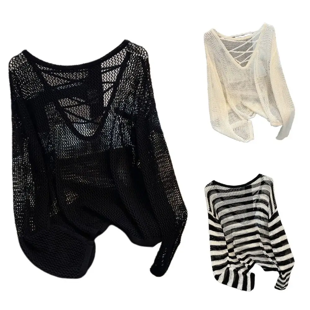 Stilvolle lässige gestrickte hohle Pullover lose Rundhals Langarm T-Shirt Beachwear Streifen häkeln Top Frauen Strand