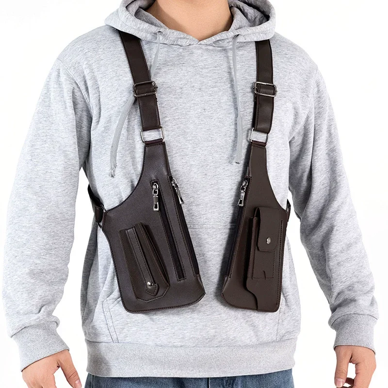 

Luxury Design Men's Tactical Vest Bag High Quality PU Leather Man Chest bag Phone Pouch Vintage Design Underarm Back Pack Bags