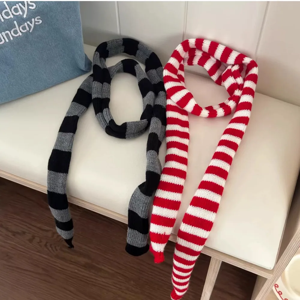 Harajuku Punk Y2k Knitted Narrow Long Scarf Fashion Grey Red Black Striped Scarves Choker Women Warm Scarf Shawl Streetwear 2024